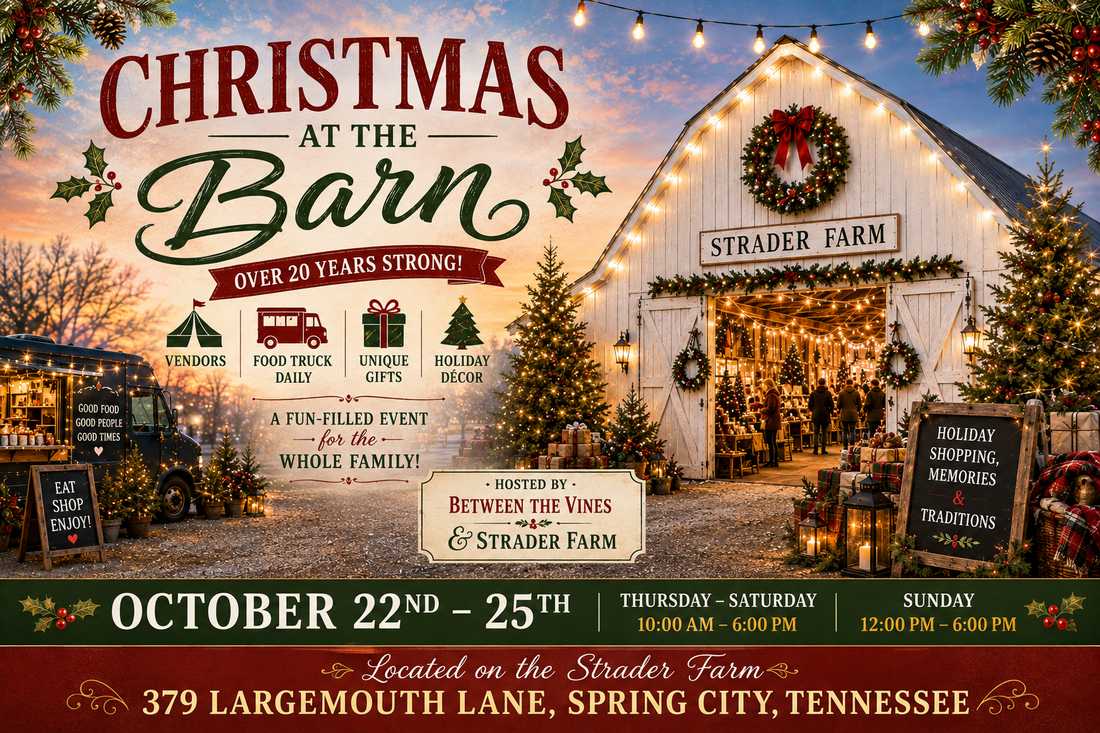 Christmas at the Barn flyer: barn exterior, Santa photo, holiday market decor and vendor items