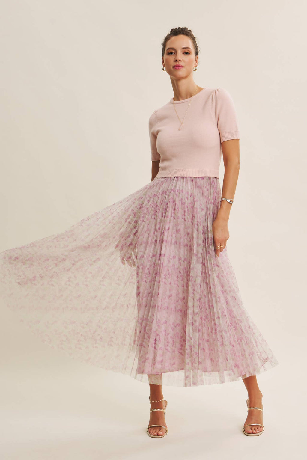 FIELD OF PLEATED WILDFLOWERS SWEATER TWOFER MIDI DRESS: PINK/LILAC