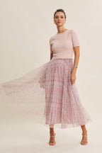 FIELD OF PLEATED WILDFLOWERS SWEATER TWOFER MIDI DRESS: PINK/LILAC