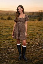BROWN DITSY FLORAL PUFF SLEEVE SQUARE NECK MINI DRESS