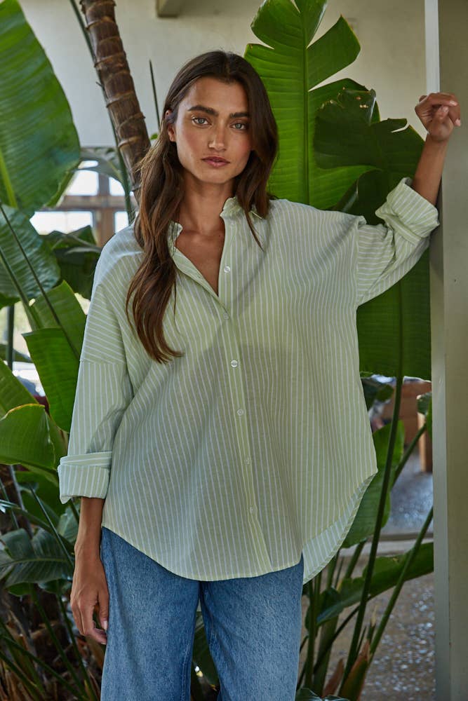 GREEN STRIPED Woven Cotton Polyester  Buttondown Shirt