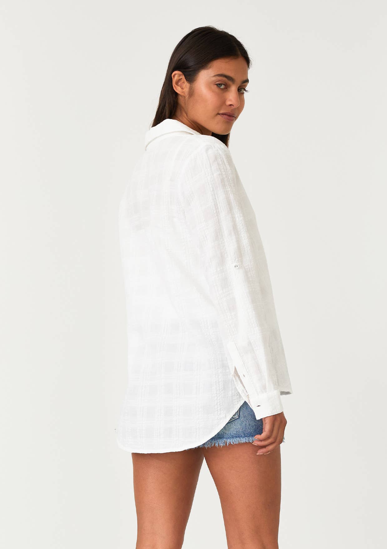 Puckered Long Sleeve Button Down Blouse: White