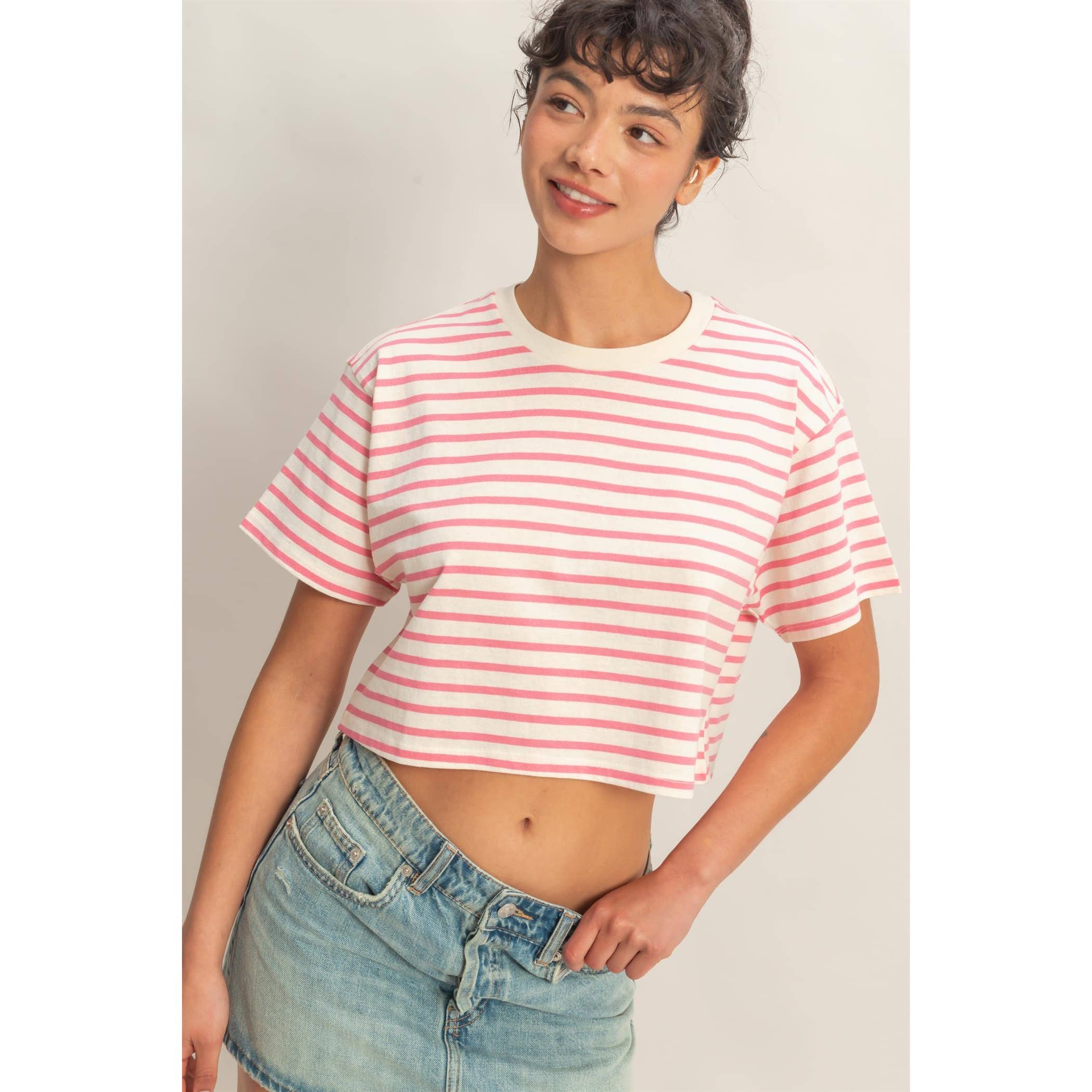 PINK Striped Oversized Short Sleeve Cropped Tee:
