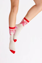 CANDY CANE BOW SOCKS,IVORY
