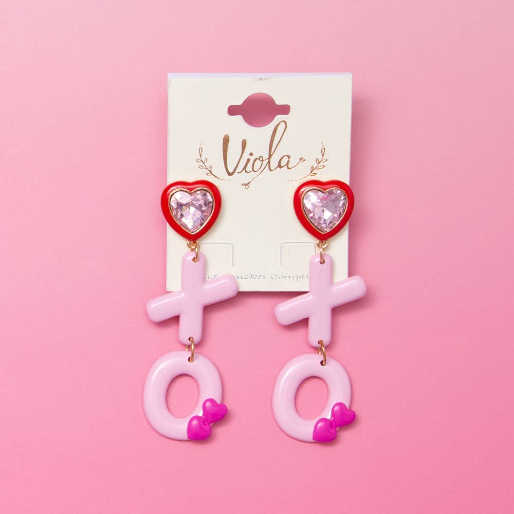 XO Post Dangle Earrings with Heart Shaped Crystal Top: Pink