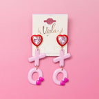 XO Post Dangle Earrings with Heart Shaped Crystal Top: Pink
