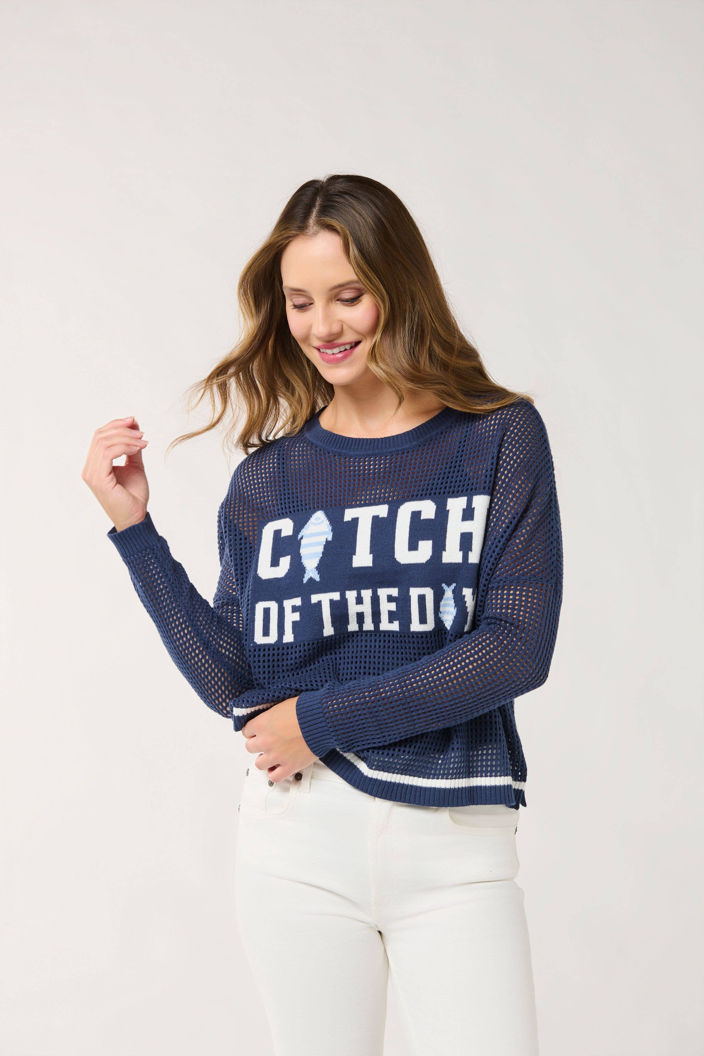 "CATCH OF THE DAY" MESH SWEATER