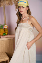 EMBROIDERED SMOCKED STRIPED TUNIC MAXI DRESS : BROWN