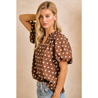 DK MOCHA/IVORY POLKA DOT PRINTED WOVEN RUFFLED V NECK TOP