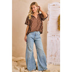 DK MOCHA/IVORY POLKA DOT PRINTED WOVEN RUFFLED V NECK TOP