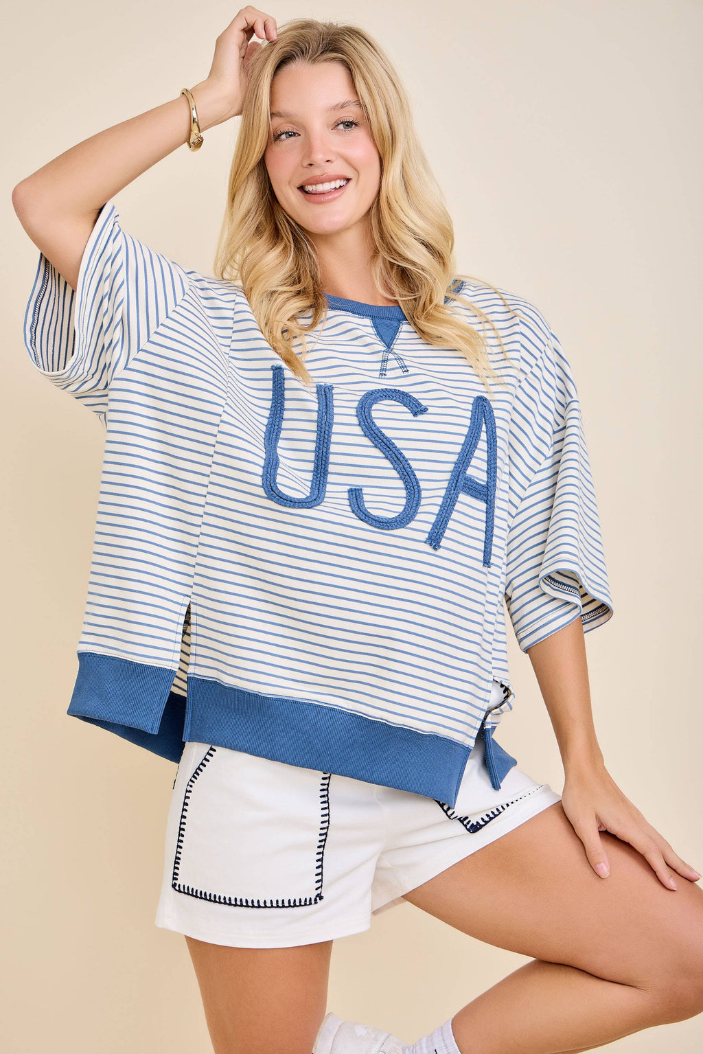 USA Rope Embroidery Striped Top: WHITE/BLUE
