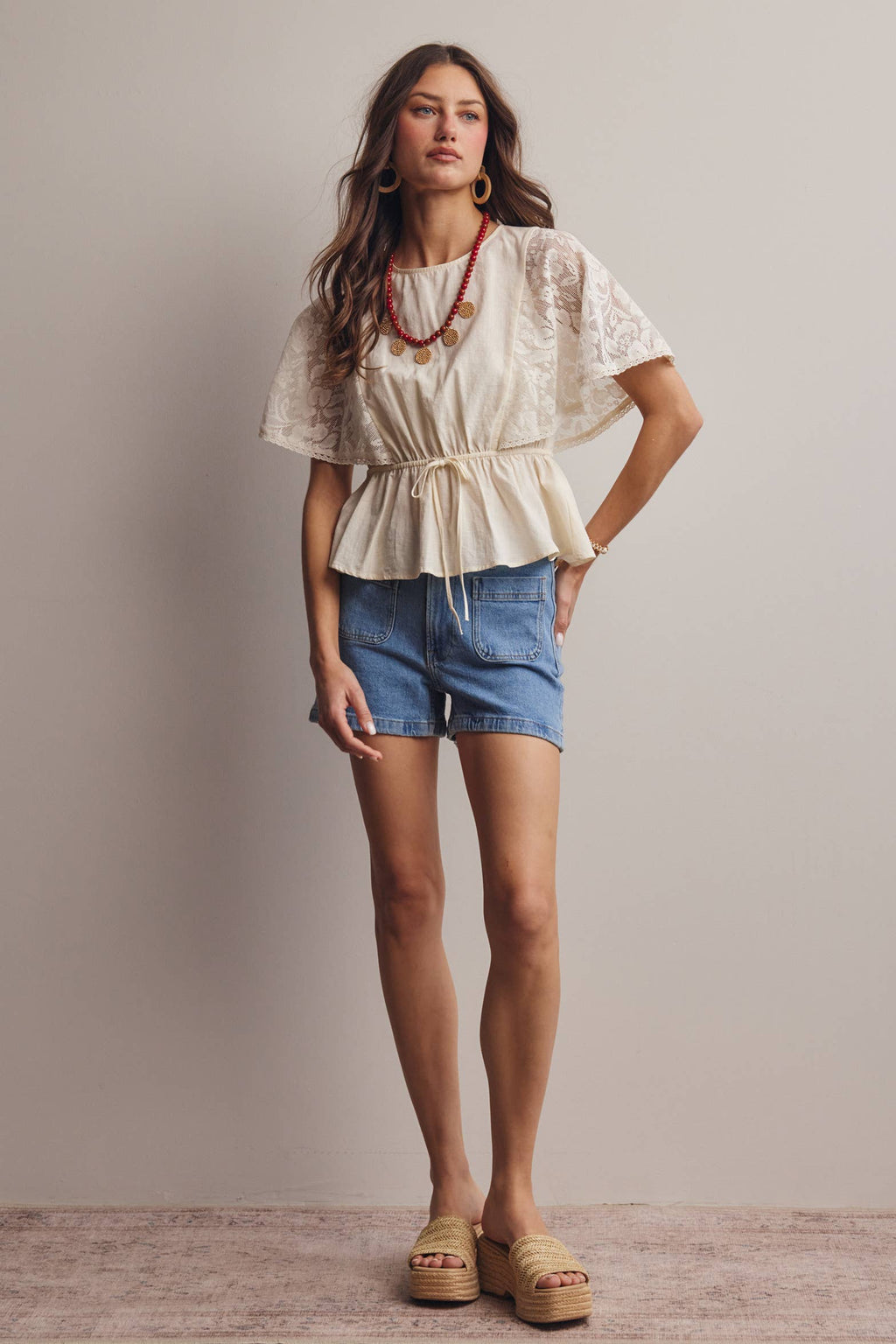 ASH Lace Cape Sleeve Cotton Peplum Top