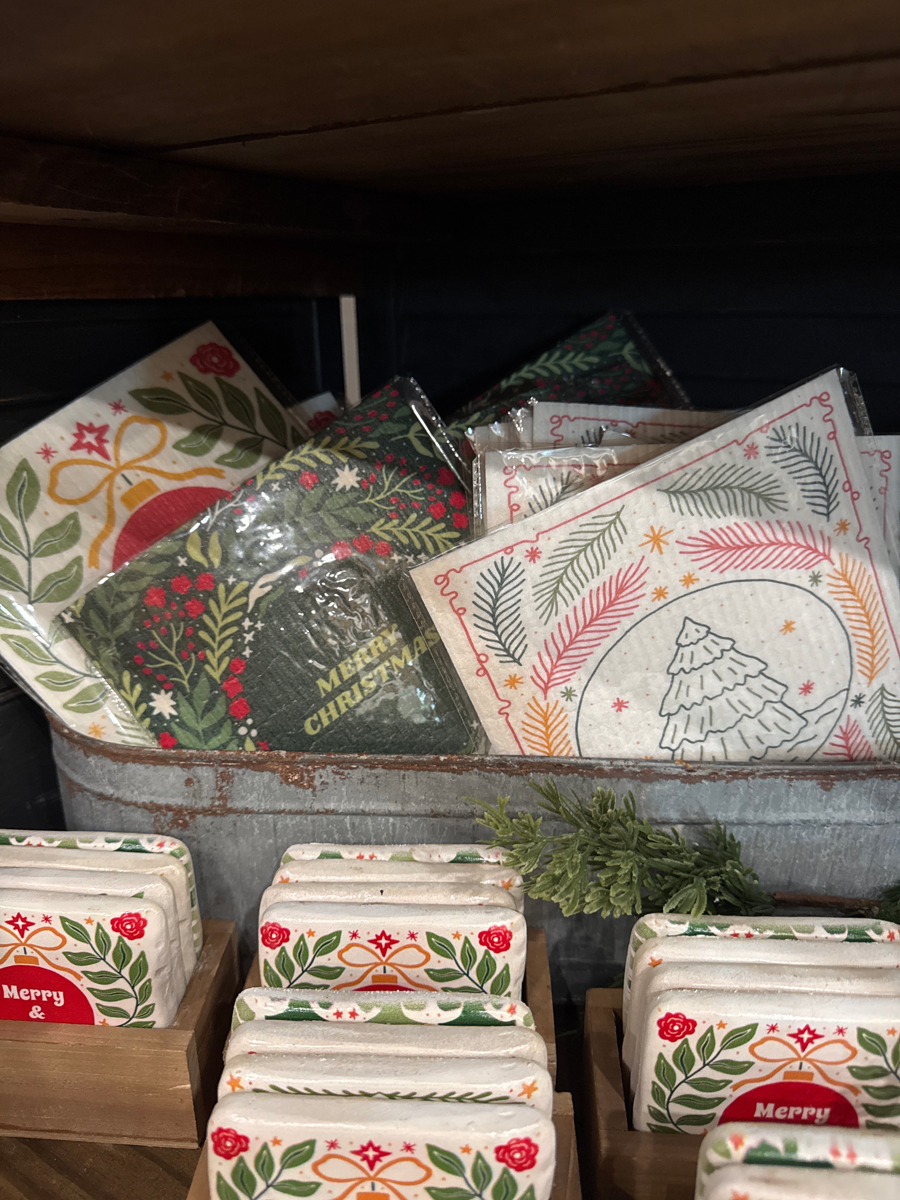 4" Sq. Christmas Reusable Cellulose Sponge Cloth w/ Saying 3 styles