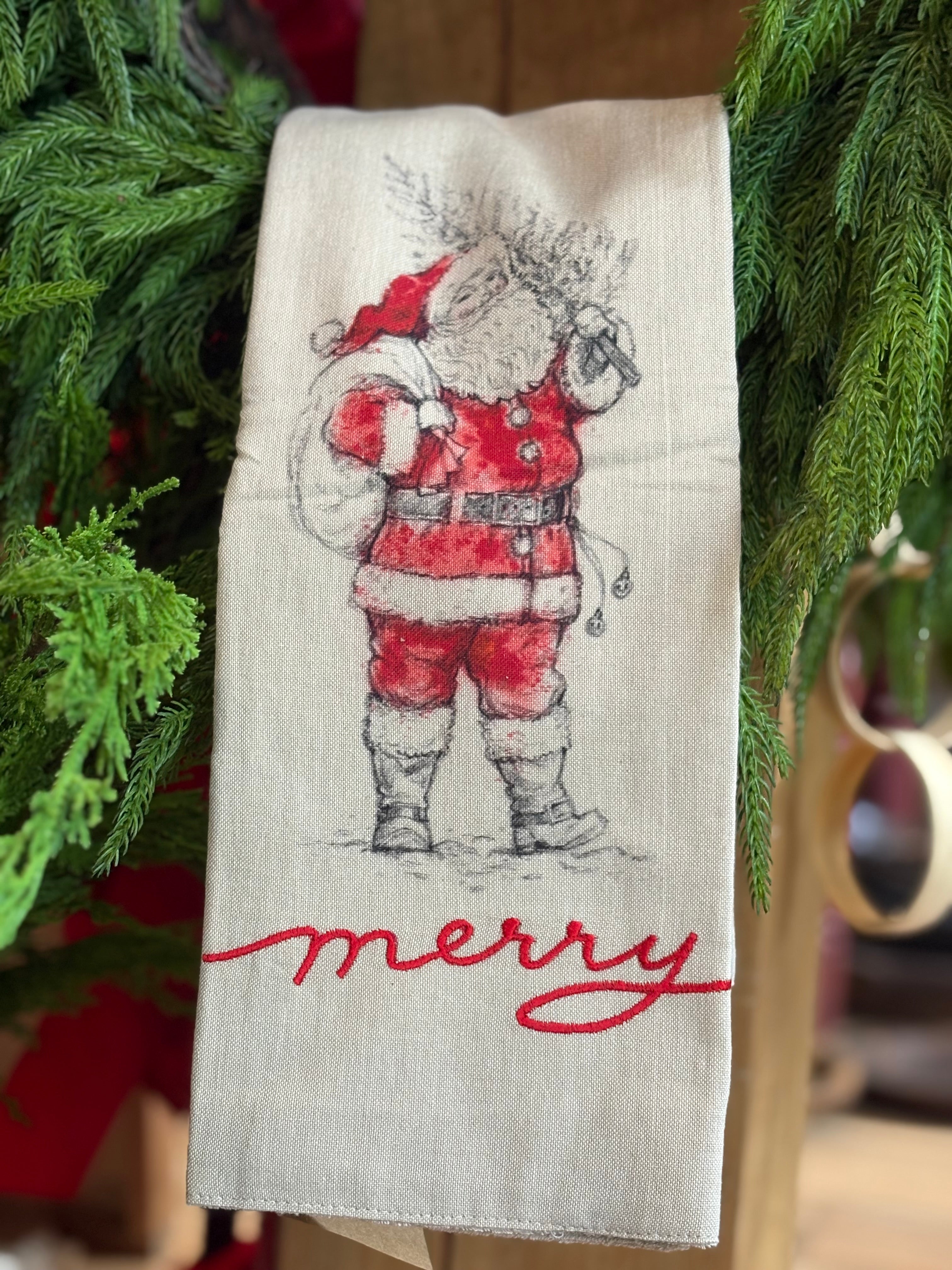 Cotton & Linen Printed Tea Towel w/ Snowman & Santa, 4 styles