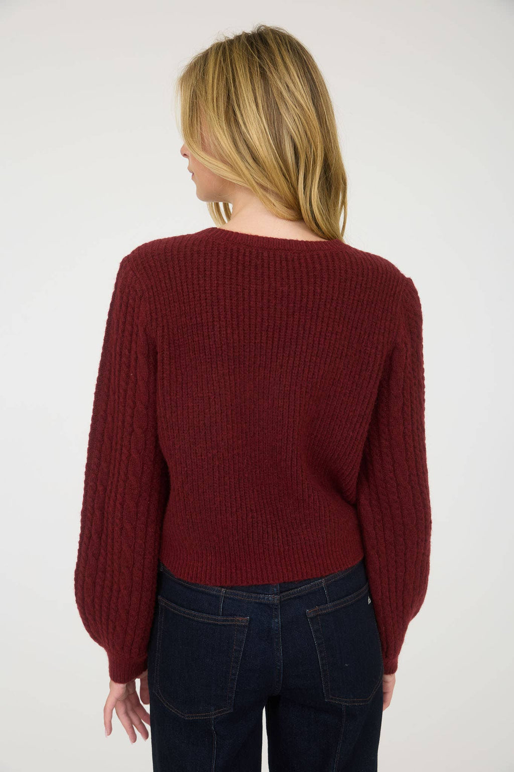 BURGUNDY CABLE KNIT FRONT VELVET BOW DETAIL KNIT SWEATER