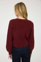 BURGUNDY CABLE KNIT FRONT VELVET BOW DETAIL KNIT SWEATER