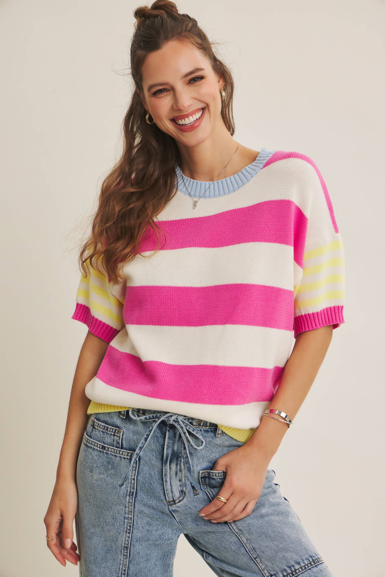 PLAYFUL SUMMER MULTI STRIPE COTTON SWEATER TOP: FUCHSIA/LEMON