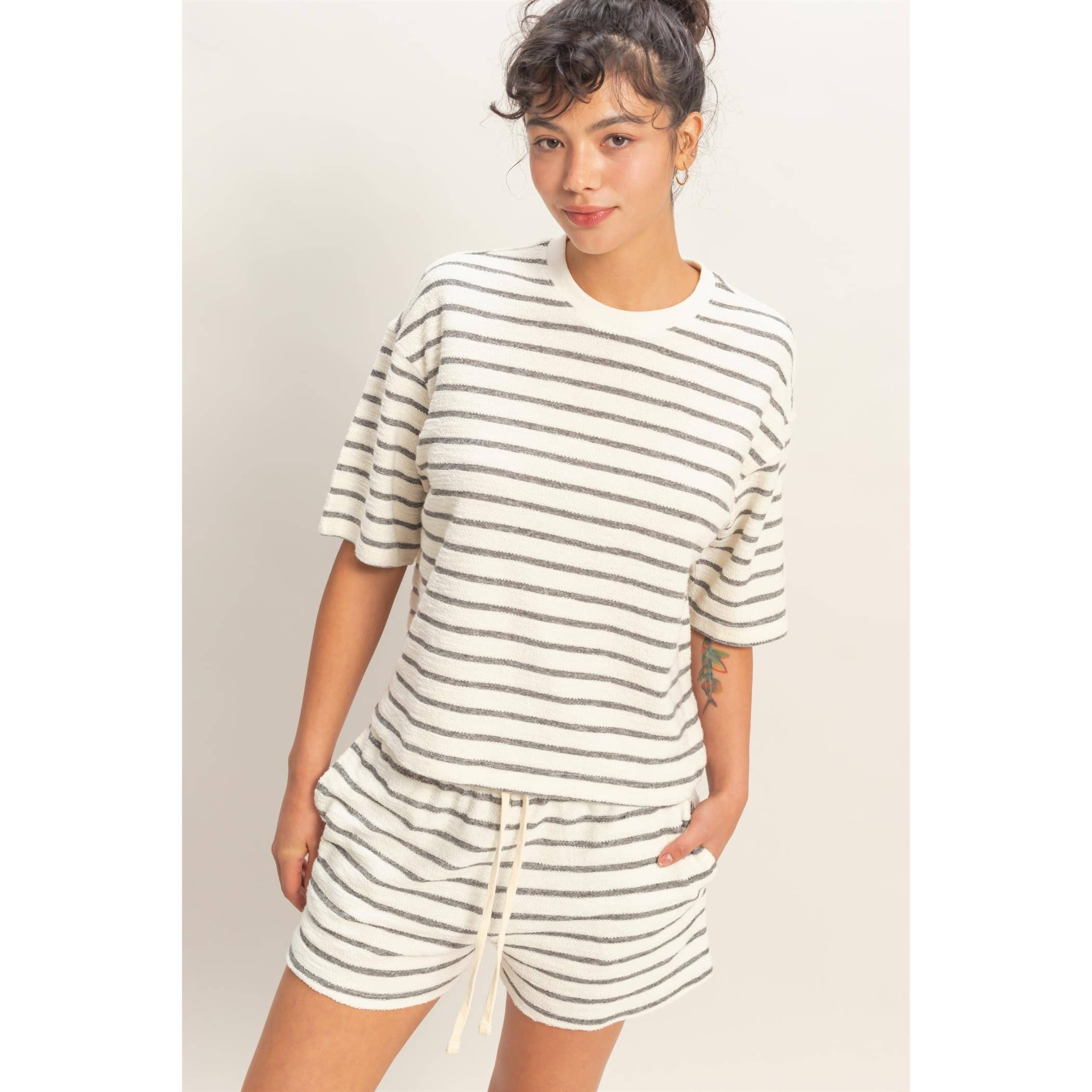 BLACK Striped Short Sleeve Terry SHORT SET