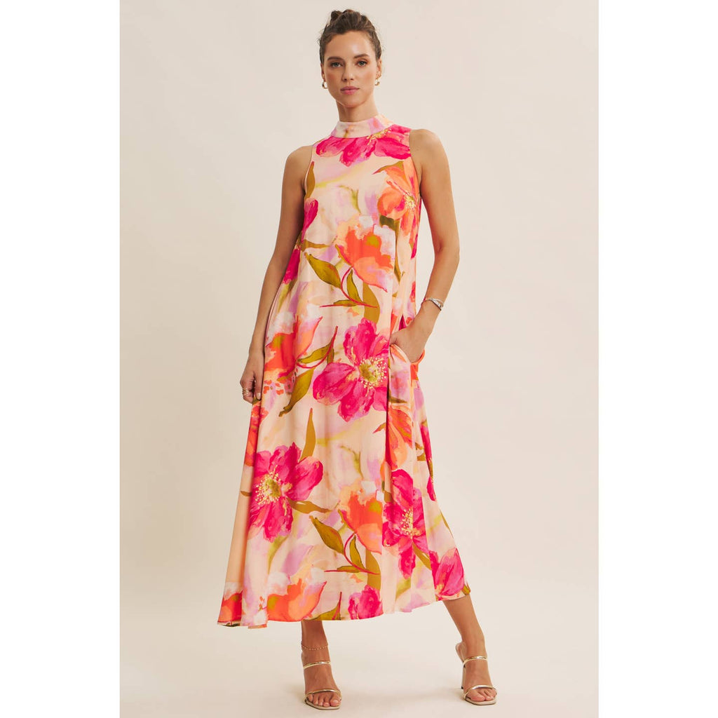 Peach Multi Blooming Resort Floral Maxi Dress with Back Bow