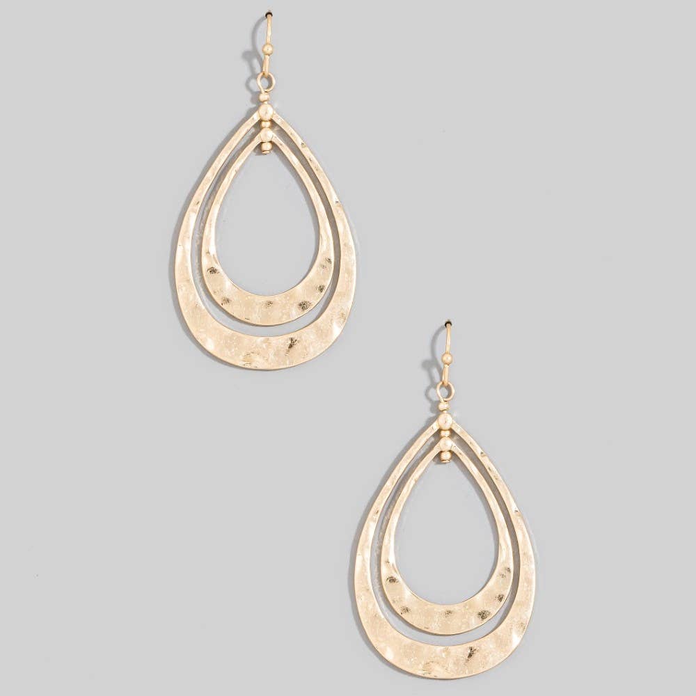 Hammered Double Teardrop Layered Dangle Earrings: WG