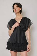 Satin Lace V Neck Blouson Top: BLACK