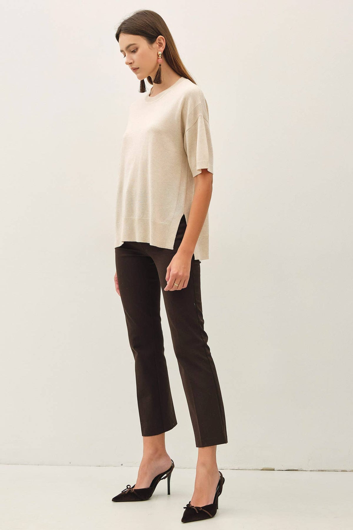 Oatmeal WOOL BLENED BOXY FIT SHORT SLEEVE SWEATER TOP