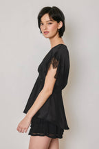 Satin Lace V Neck Blouson Top: BLACK