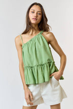 Green One Shoulder Ruffled Babydoll Tank Top