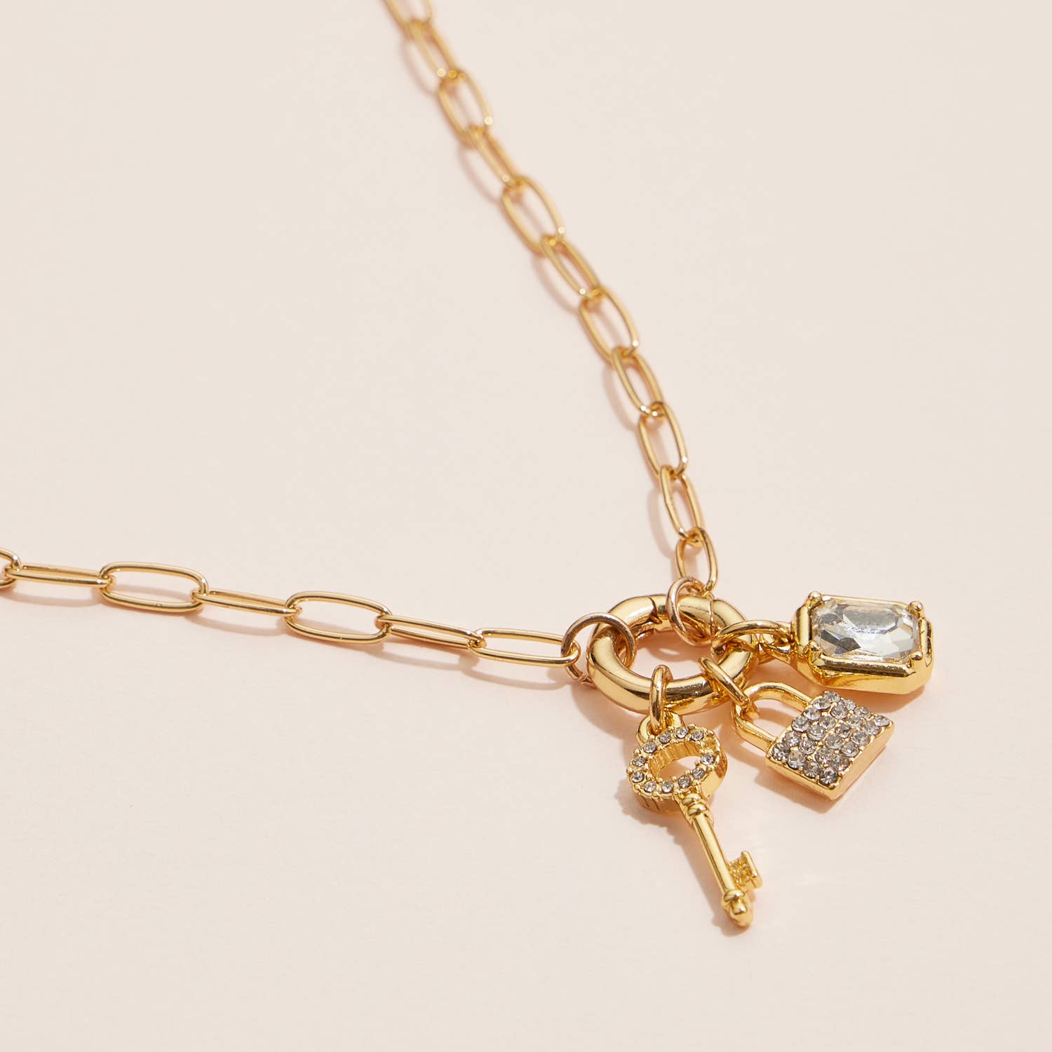 Gold Dipped Charm Necklace with Key and Gemstone Accents: Yellow Gold / One / 4DN18064