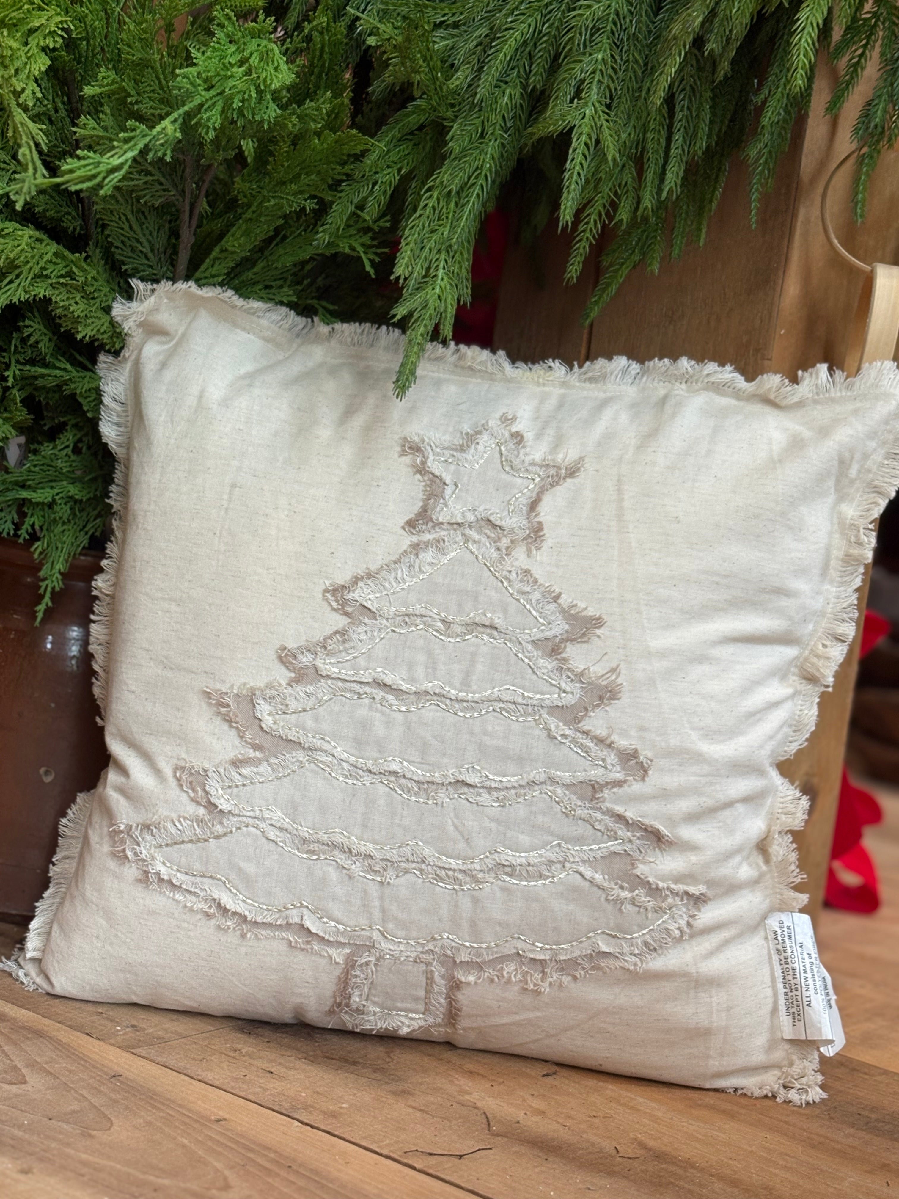 Square Woven Cotton & Linen Pillow w/ Fringe, Christmas tree and snowflake