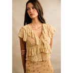 TEXTURED RUFFLE V NECK SHORT SLEEVE TOP