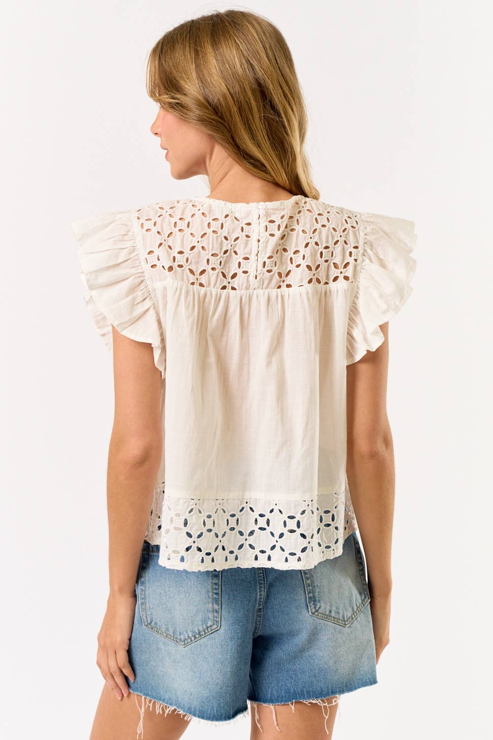 Off White Embroidered Top With Ruffled Sleeves