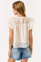 Off White Embroidered Top With Ruffled Sleeves