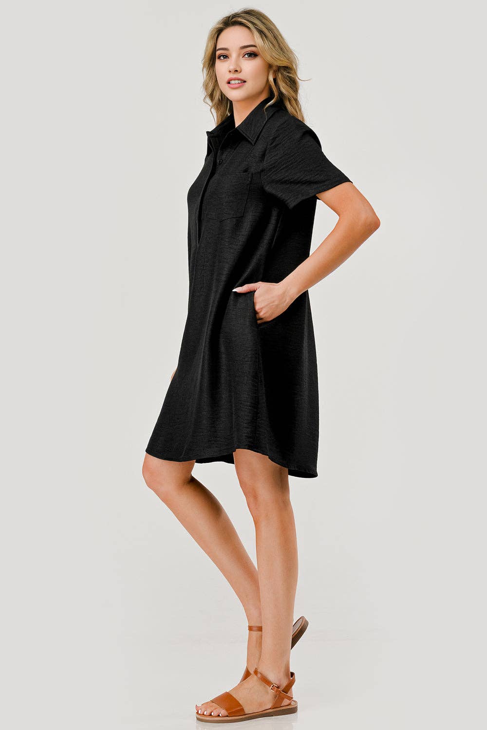 Ellie Collared Short Sleeve Shift Dress Black