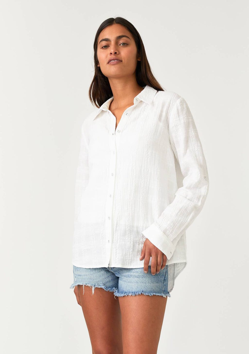 Puckered Long Sleeve Button Down Blouse: White