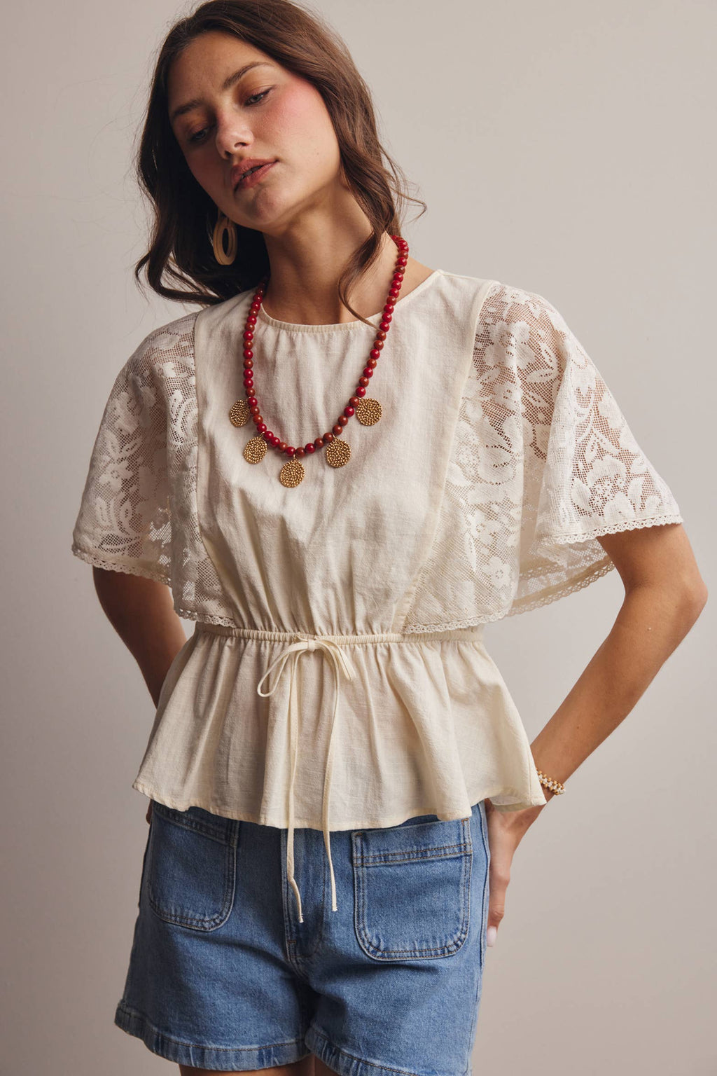 ASH Lace Cape Sleeve Cotton Peplum Top