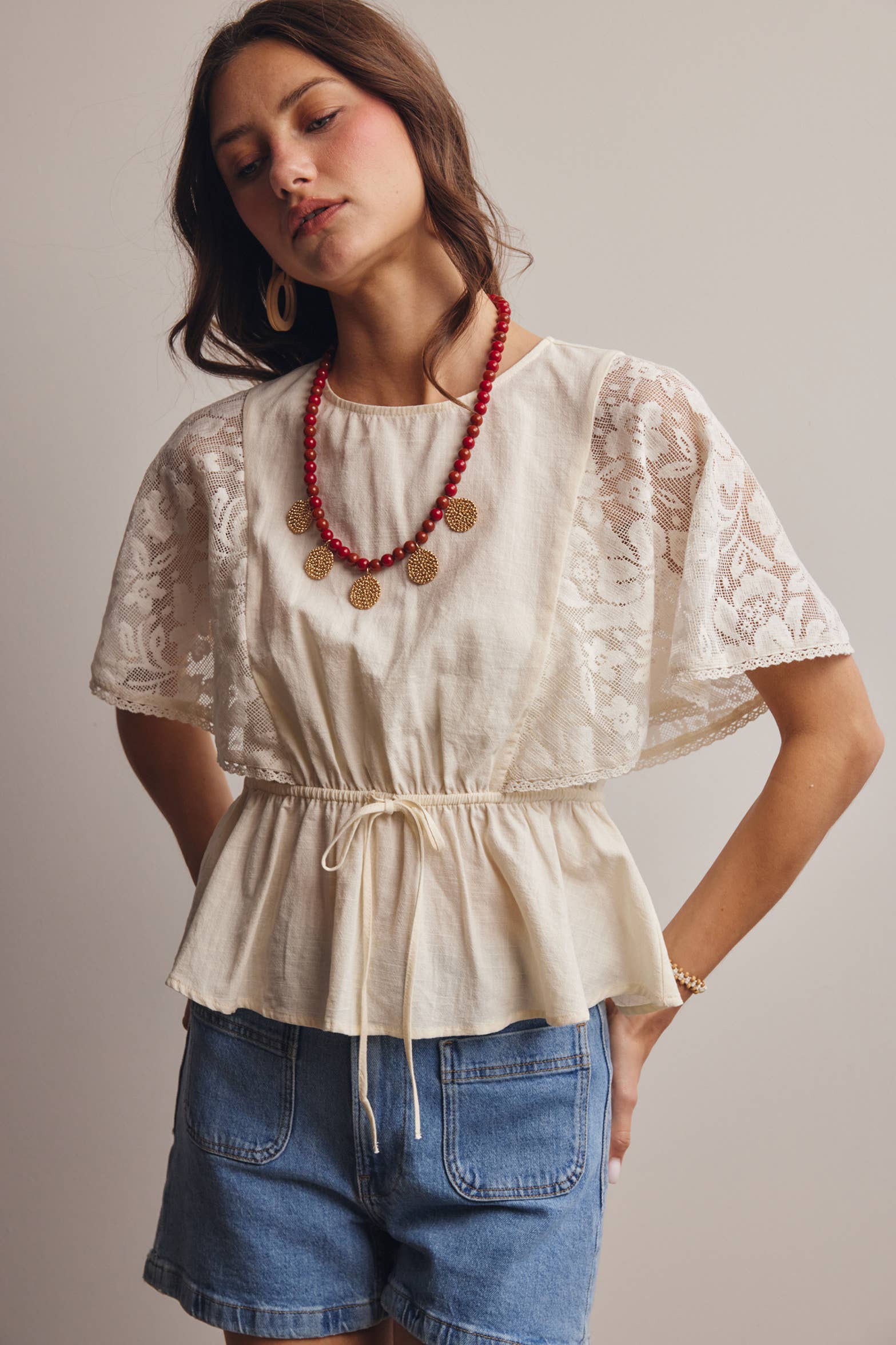 ASH Lace Cape Sleeve Cotton Peplum Top