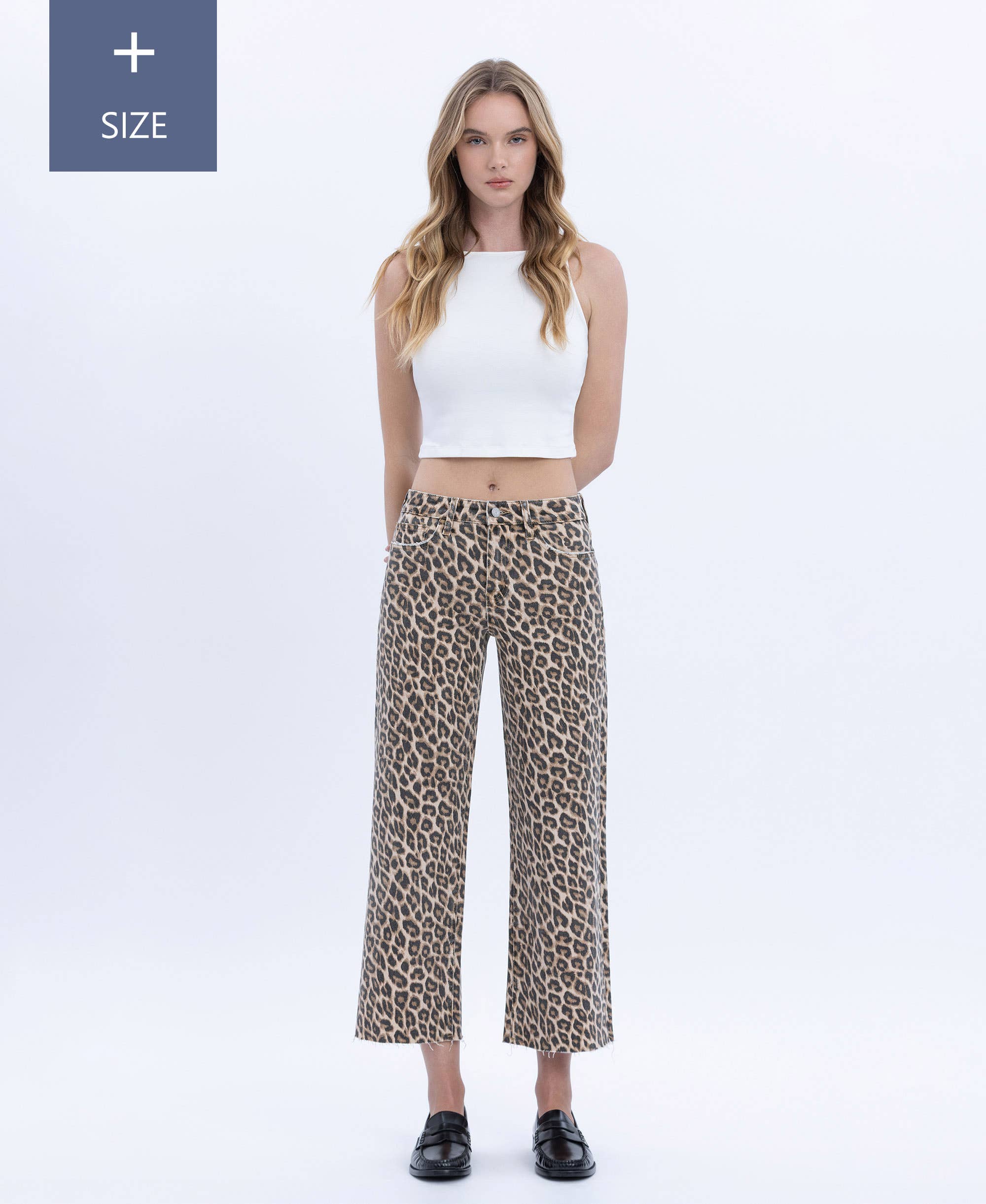 PLUS HIGH RISE ANIMAL PRINT CROP WIDE LEG JEANS