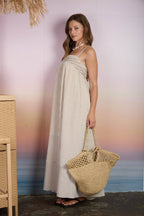 EMBROIDERED SMOCKED STRIPED TUNIC MAXI DRESS : BROWN