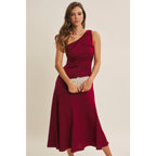 BURGUNDY HOLIDAY GLAM ONE-SHOULDER MIDI DRESS WITH SLANTED SEAMWORK