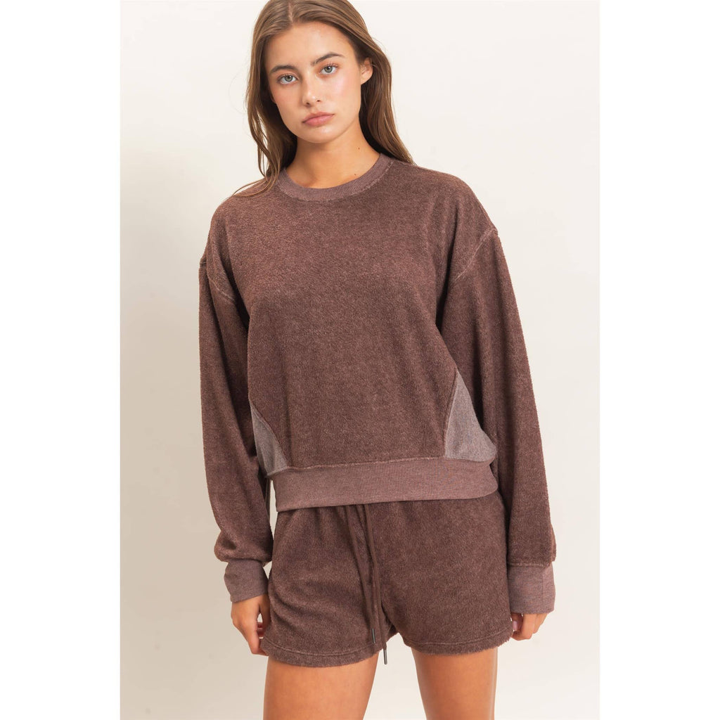 DARK BROWN Contrast Sweatshirt & Shorts Set