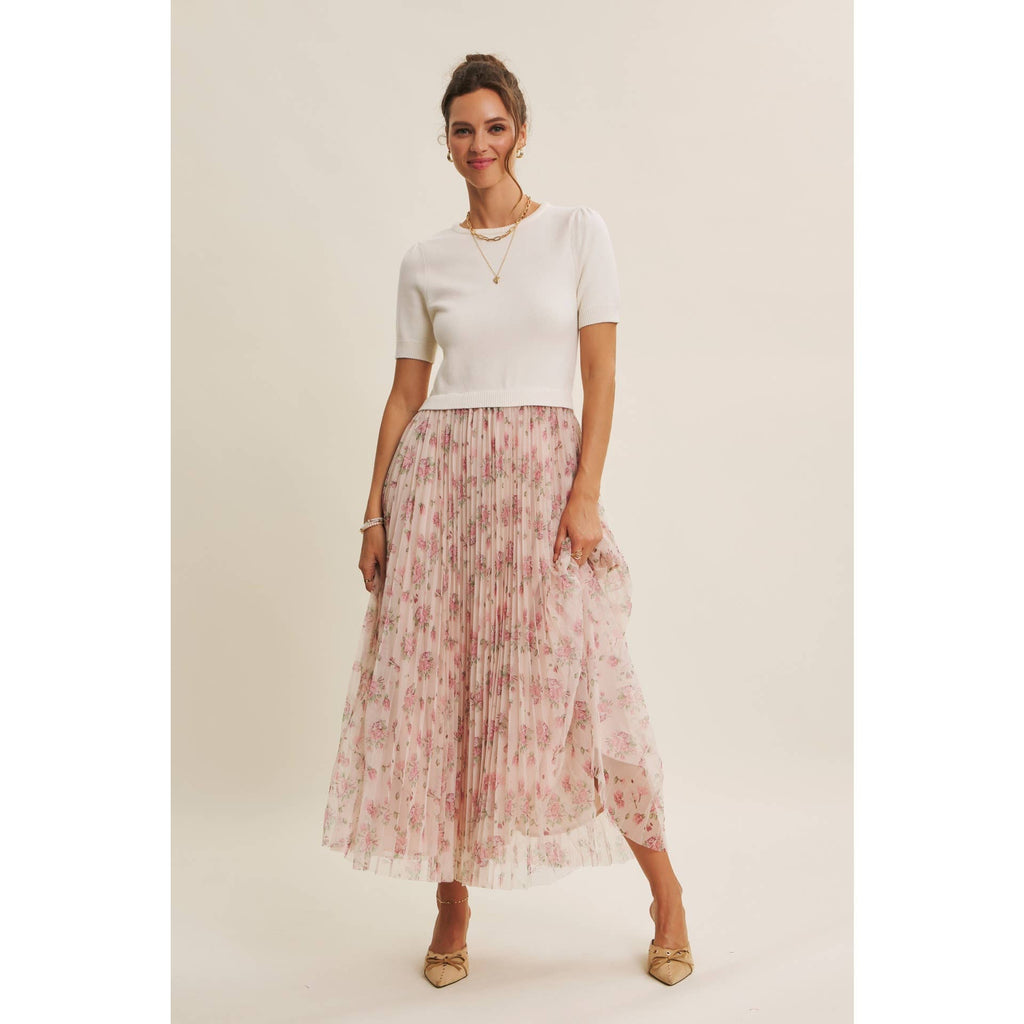 FIELD OF PLEATED WILDFLOWERS SWEATER TWOFER MIDI DRESS: PINK/LILAC
