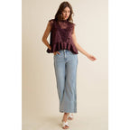 WINE POLKA DOT SATIN LACE TRIM RUFFLED HIGH NECK BLOUSE TOP