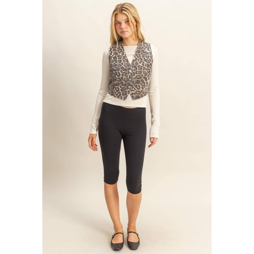 Chic Leopard Print Denim Vest: CREAM
