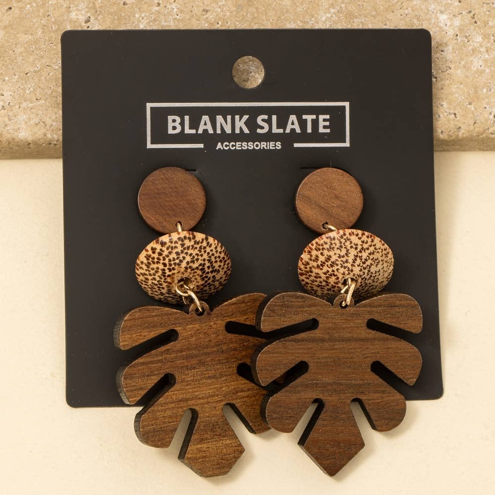 Wooden Monstera Leaf Dangle Earrings: BR