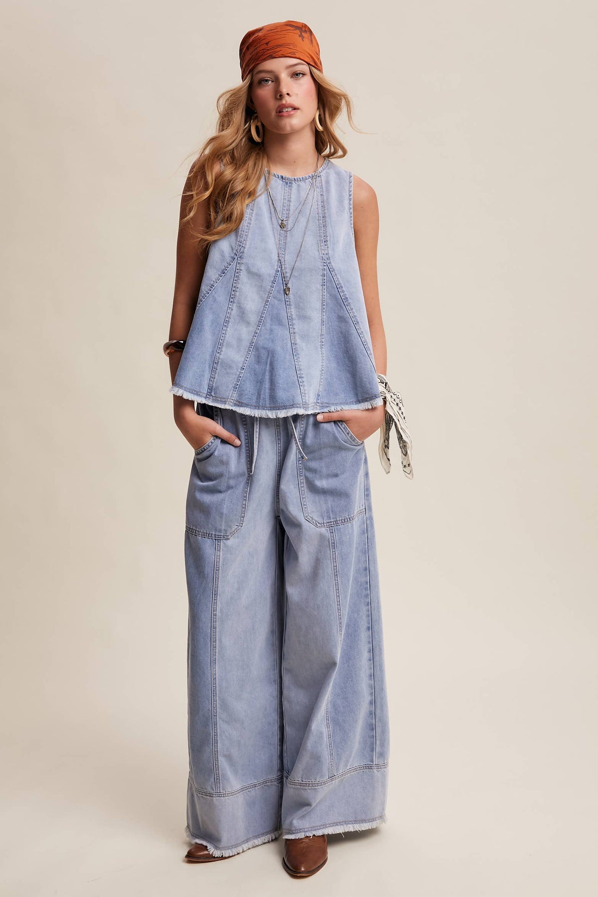 Blue Haze Washed Denim Tank & Wide-Leg Pants Set