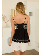 BLACK/IVORY Embroidered Top with Contrast Detail