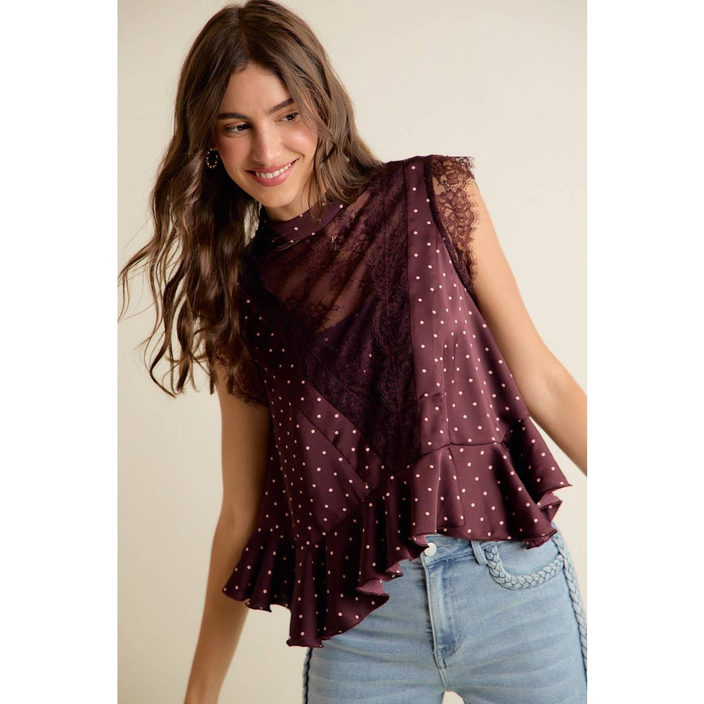 WINE POLKA DOT SATIN LACE TRIM RUFFLED HIGH NECK BLOUSE TOP