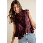 WINE POLKA DOT SATIN LACE TRIM RUFFLED HIGH NECK BLOUSE TOP
