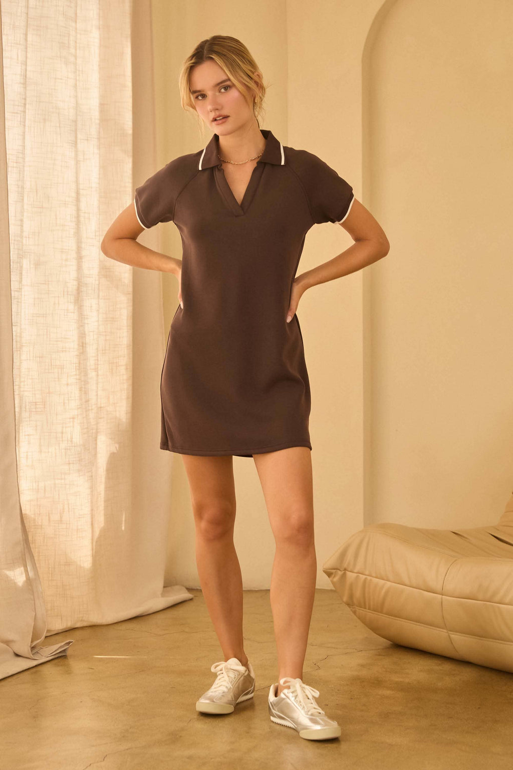 Espresso Brushed Modal Split Neck Collared Mini Dress – SKIES ARE BLUE – view 2